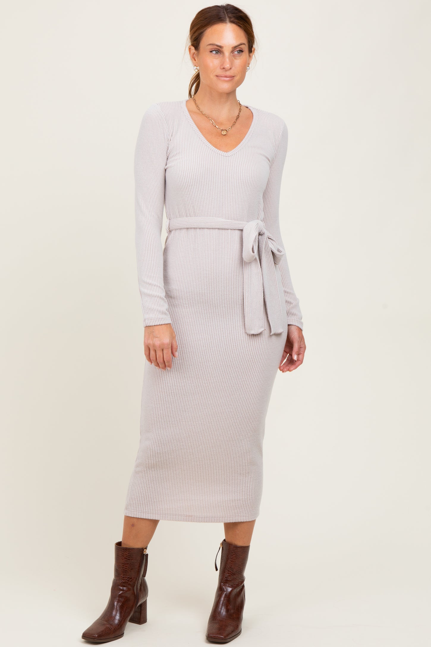 Beige Solid Brushed Rib Long Sleeve V-Neck Fitted Maternity Midi Dress