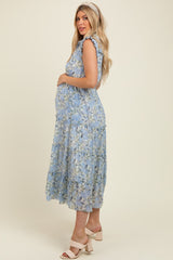 Blue Floral Print Frilled Pocketed Maternity Midi Dress