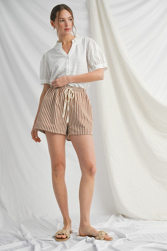 Mocha Drawstring Waist Striped Shorts