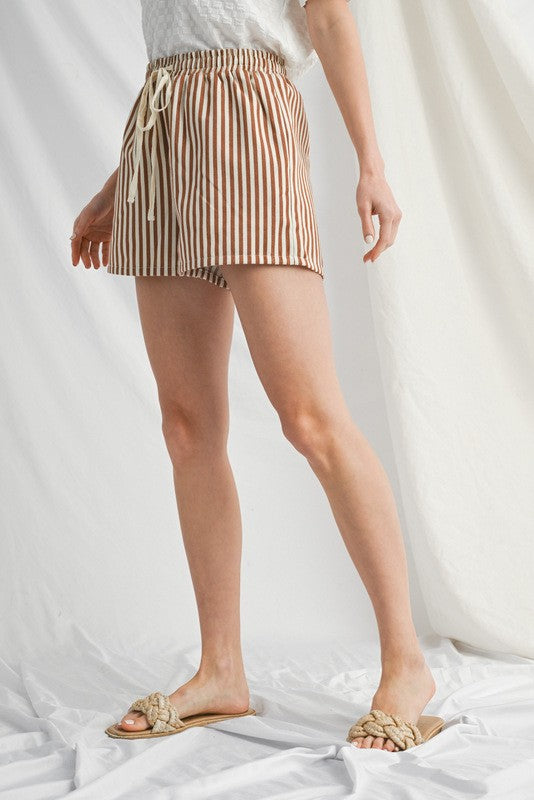 Mocha Drawstring Waist Striped Shorts