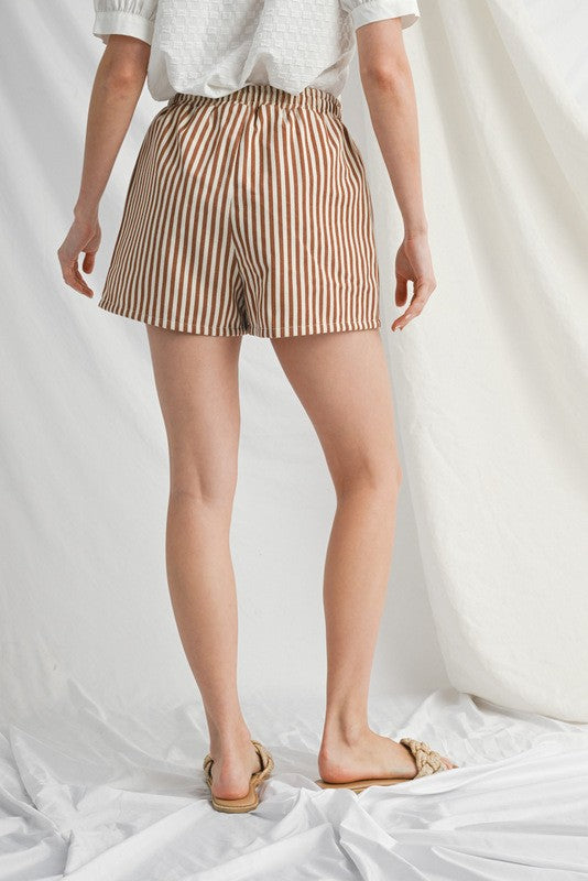 Mocha Drawstring Waist Striped Shorts