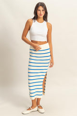 Blue/Cream Striped Fitted Sweater Maternity Maxi Skirt