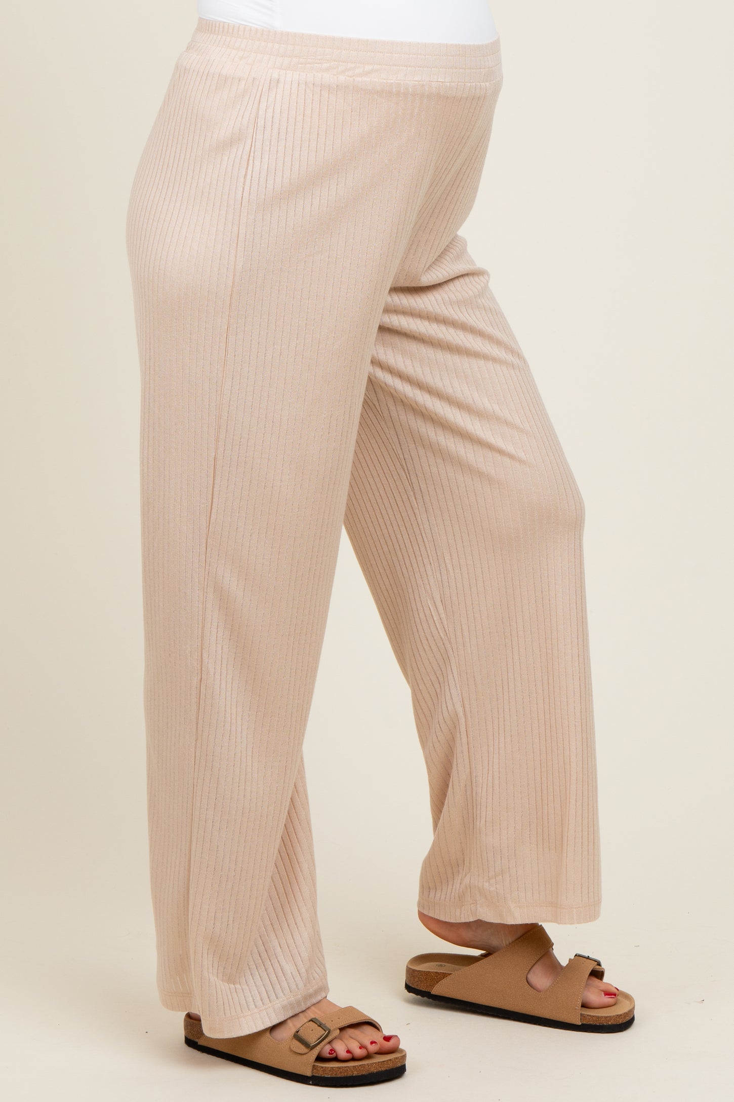 Beige Ribbed Side Pocket Maternity Lounge Pants