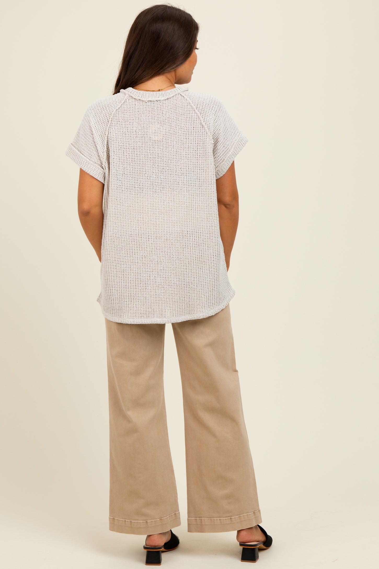 Taupe Short Sleeve V-Neck Solid Waffle Knit Maternity Top