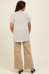 Taupe Short Sleeve V-Neck Solid Waffle Knit Maternity Top