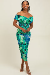 Green Printed Off Shoulder Ruched Midi Dress
