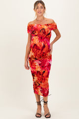 Orange Printed Off Shoulder Ruched Maternity Midi Dress