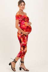 Orange Printed Off Shoulder Ruched Maternity Midi Dress