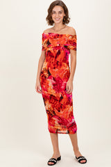 Orange Printed Off Shoulder Ruched Midi Dress