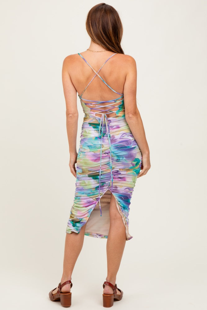 Lavender Printed Ruched Crisscross Back Midi Dress