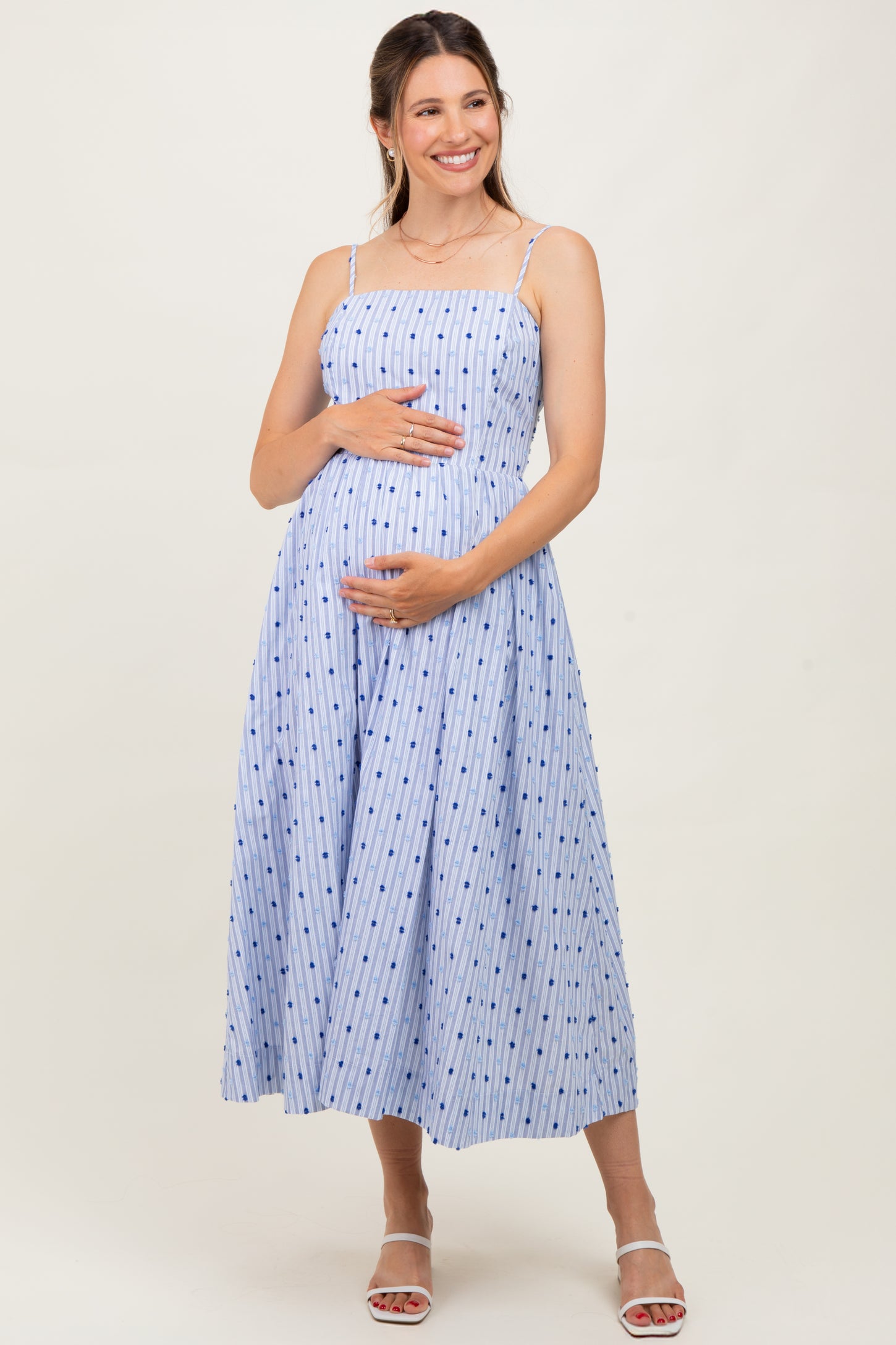 Blue Striped Swiss Dot Sleeveless Maternity Midi Dress