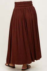 Brown Smocked Waistband Pleated Maternity Maxi Skirt