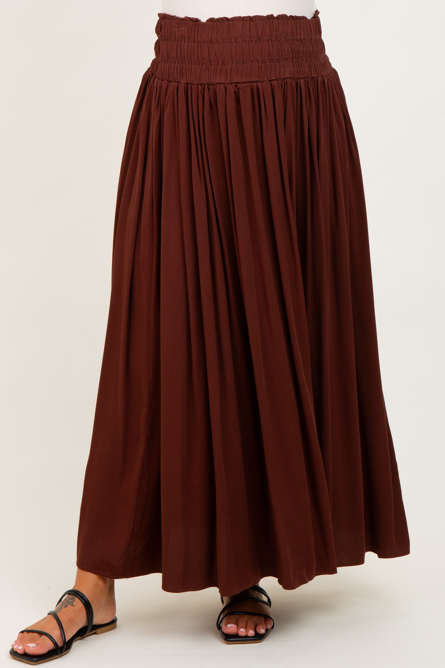 Brown Smocked Waistband Pleated Maternity Maxi Skirt