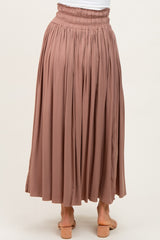 Mocha Smocked Waistband Pleated Maxi Skirt