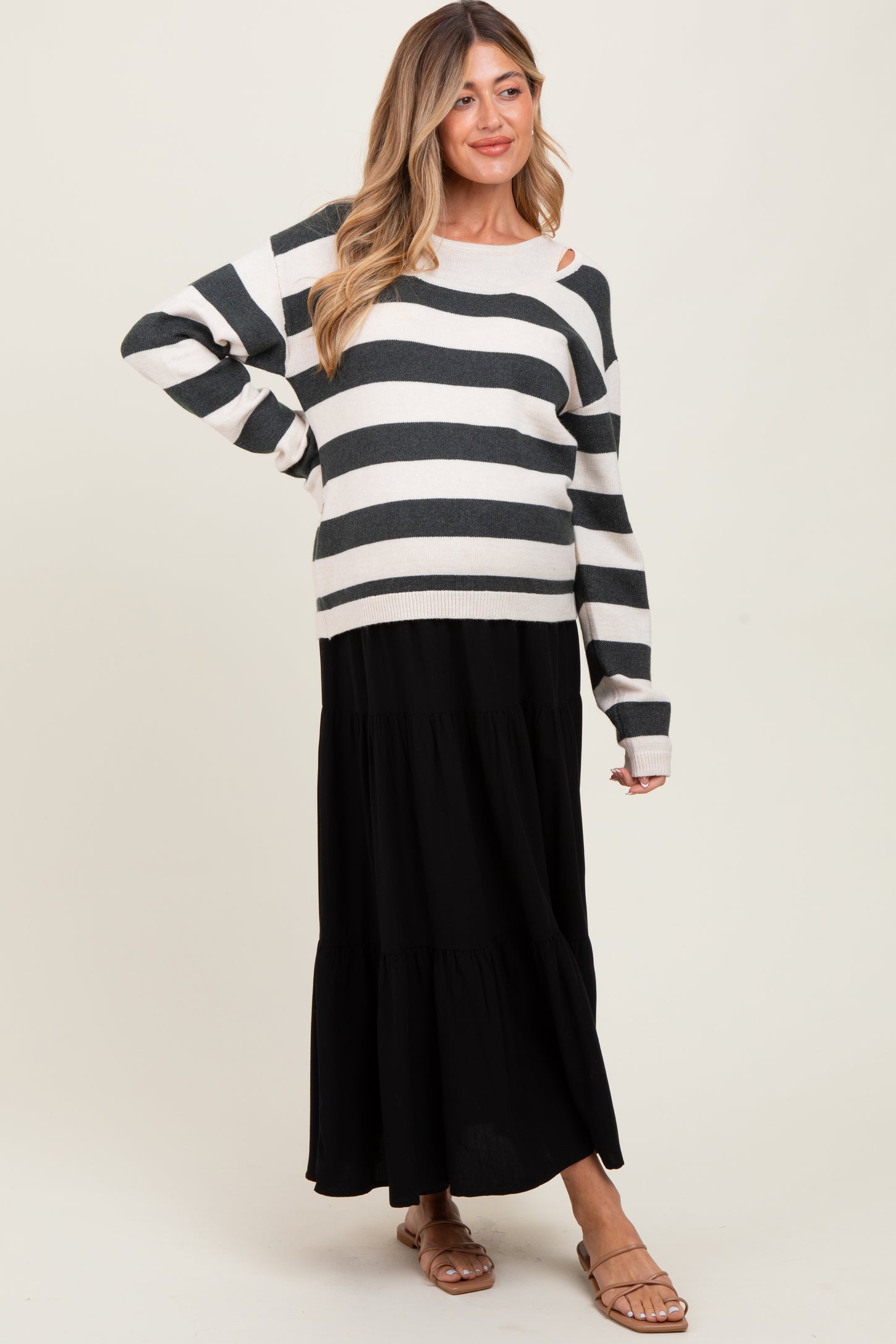 Black Drawstring Tiered Maternity Maxi Skirt