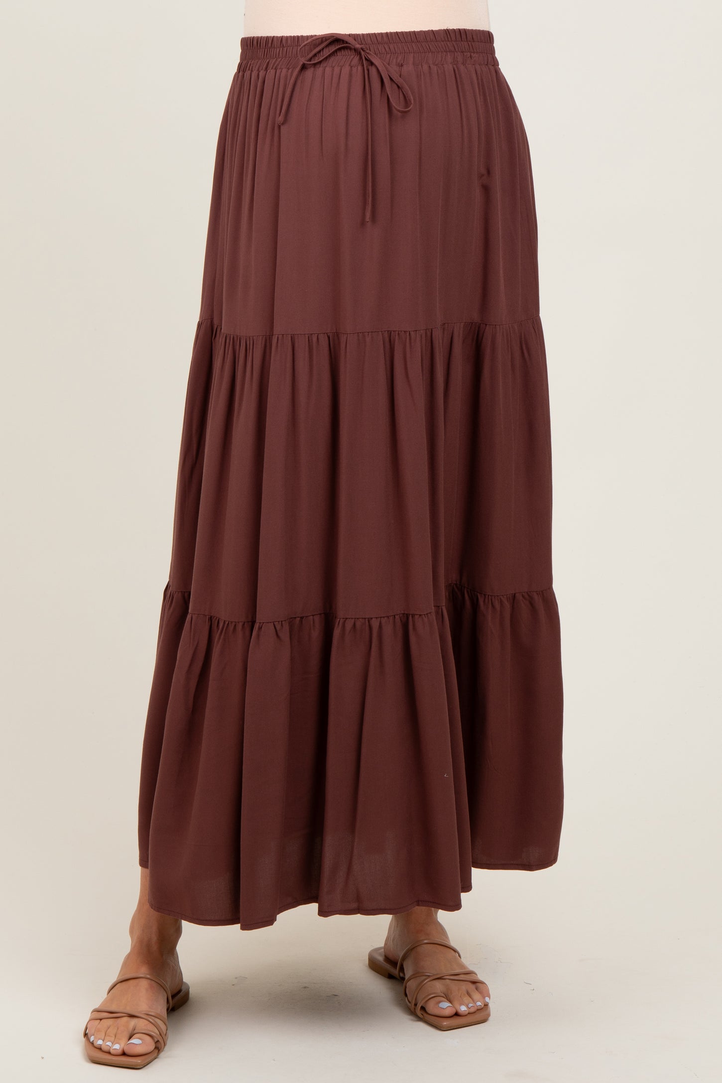 Brown Drawstring Tiered Maternity Maxi Skirt