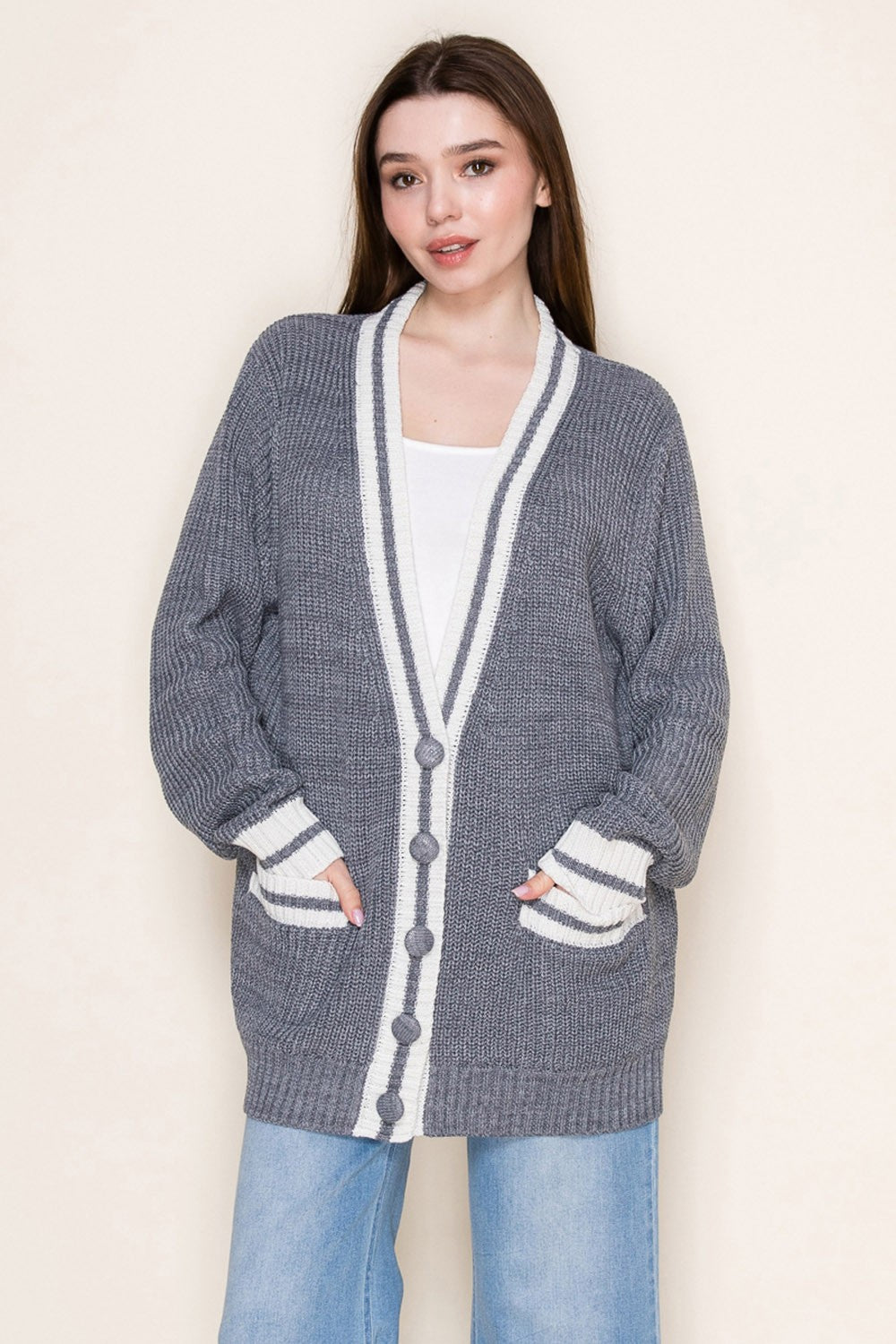 Grey Oversized Contrast Stripe Maternity Button Cardigan
