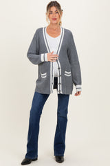 Grey Oversized Contrast Stripe Maternity Button Cardigan
