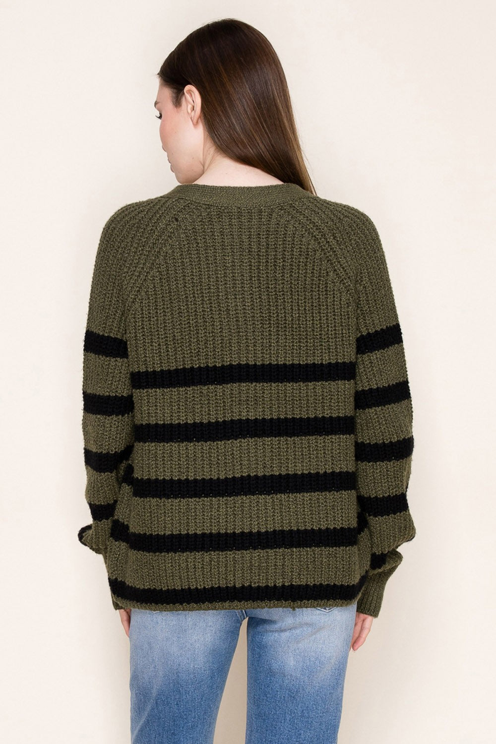 Olive Striped Chunky Knit Button Cardigan