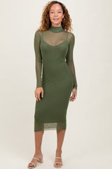 Olive Green Mesh Overlay Fitted Midi Dress