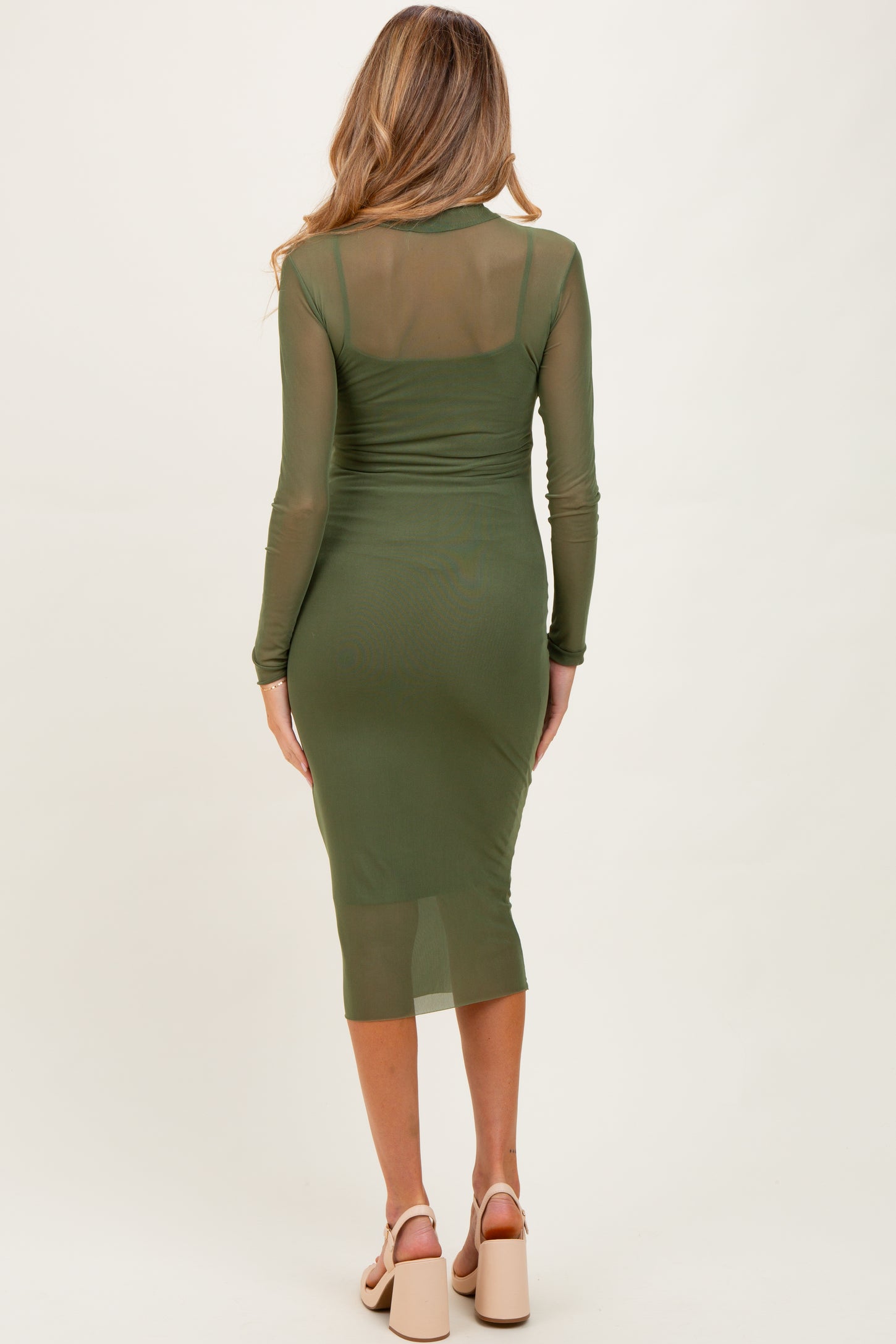 Olive Green Mesh Overlay Fitted Maternity Midi Dress