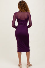 Purple Mesh Overlay Fitted Midi Dress