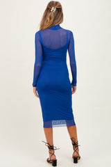 Royal Blue Mesh Overlay Fitted Maternity Midi Dress