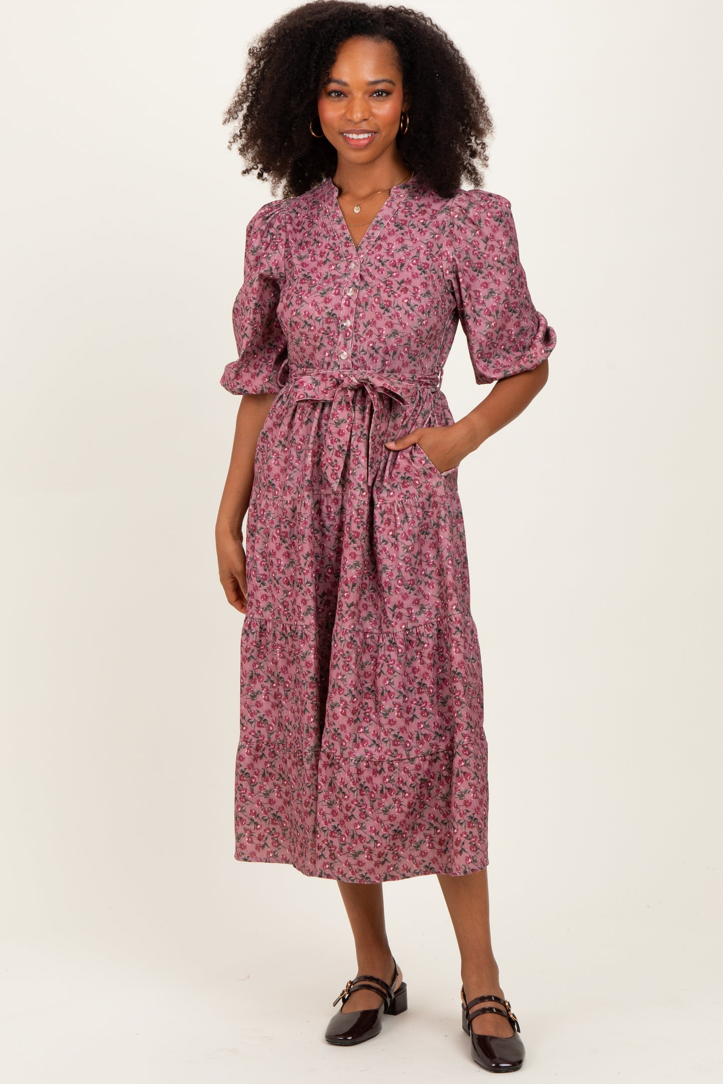 Pink Floral Button Down Front Tie Midi Dress