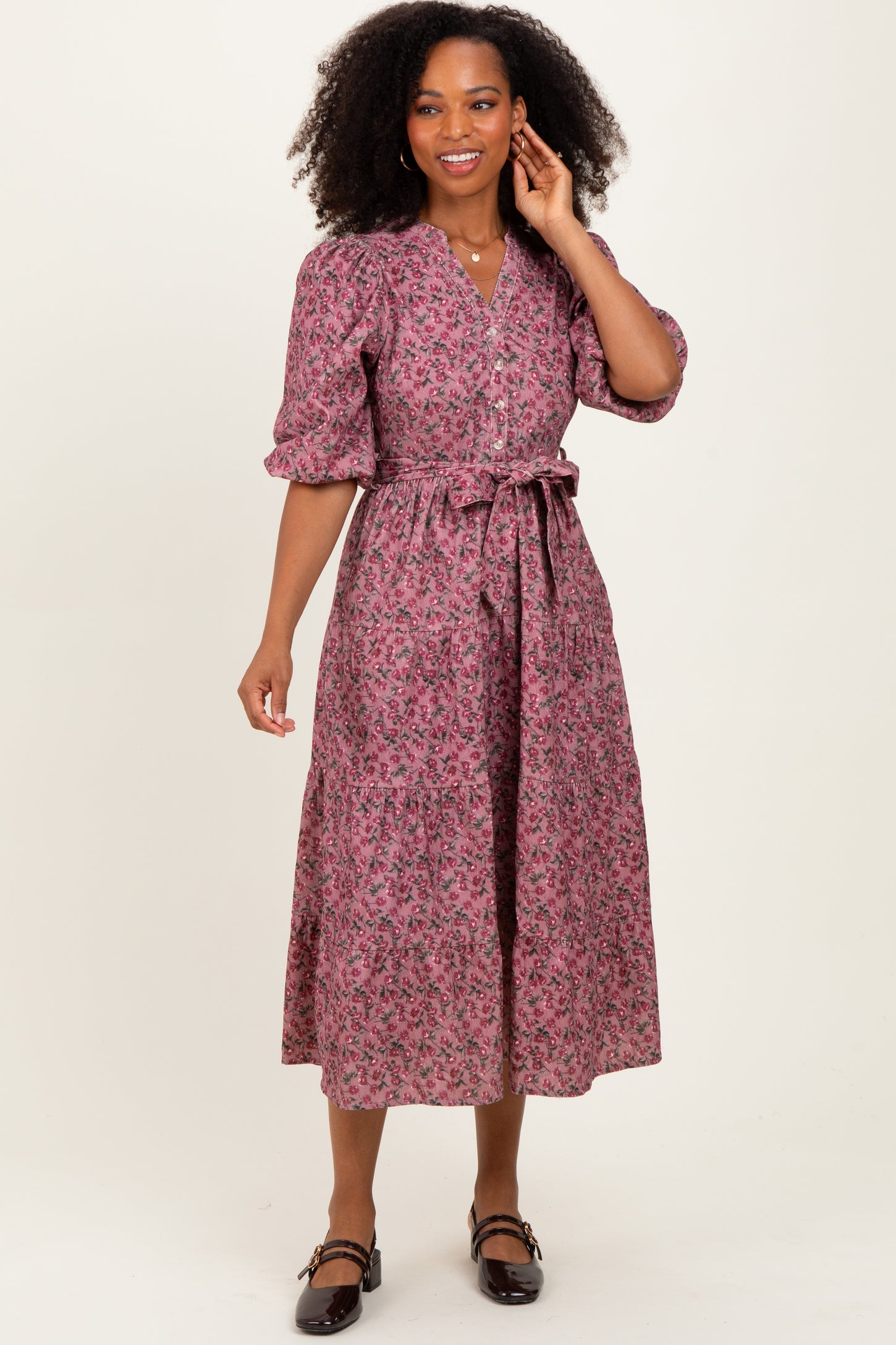 Pink Floral Button Down Front Tie Midi Dress