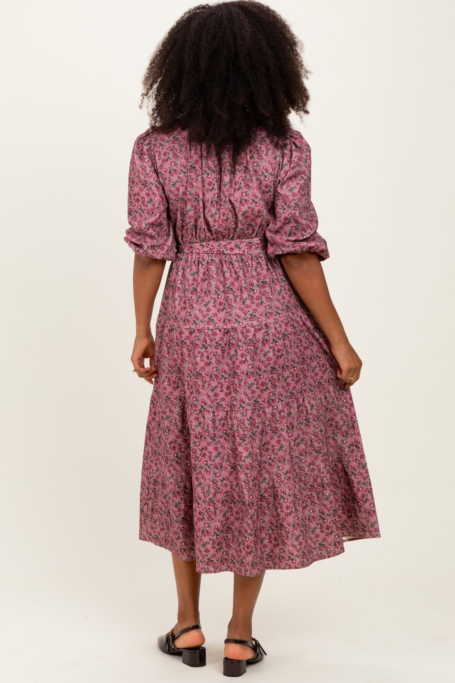 Pink Floral Button Down Front Tie Midi Dress