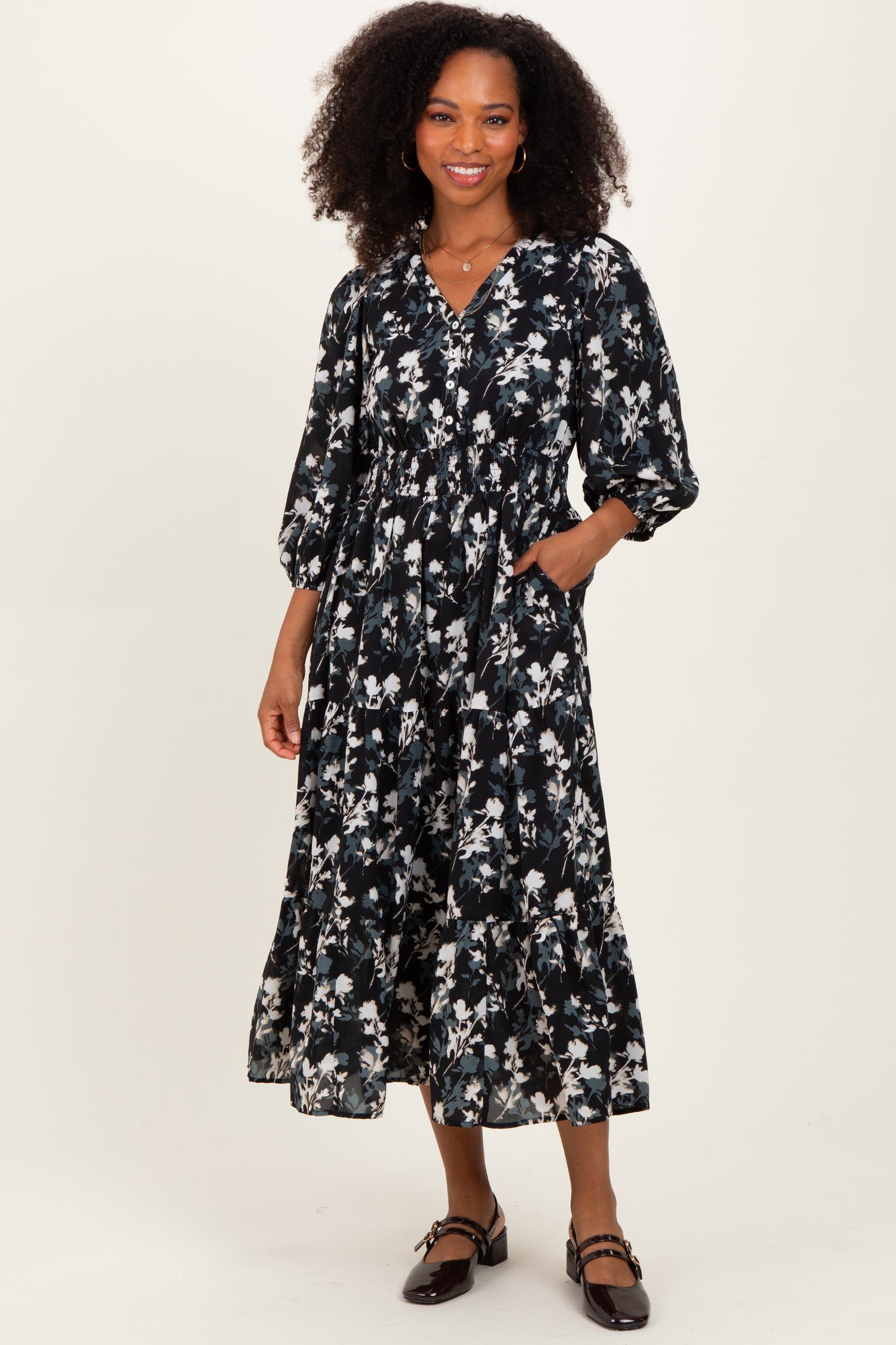 Black Floral Button Front V-Neck Midi Dress