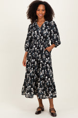 Black Floral Button Front V-Neck Midi Dress