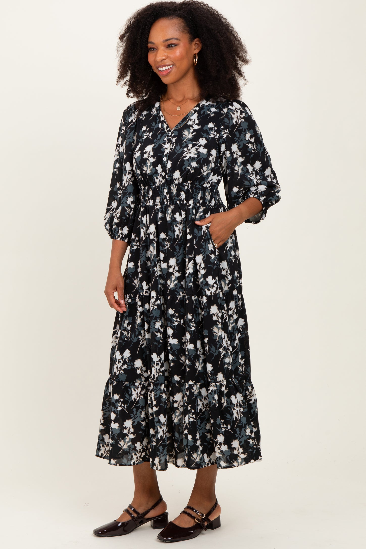 Black Floral Button Front V-Neck Midi Dress
