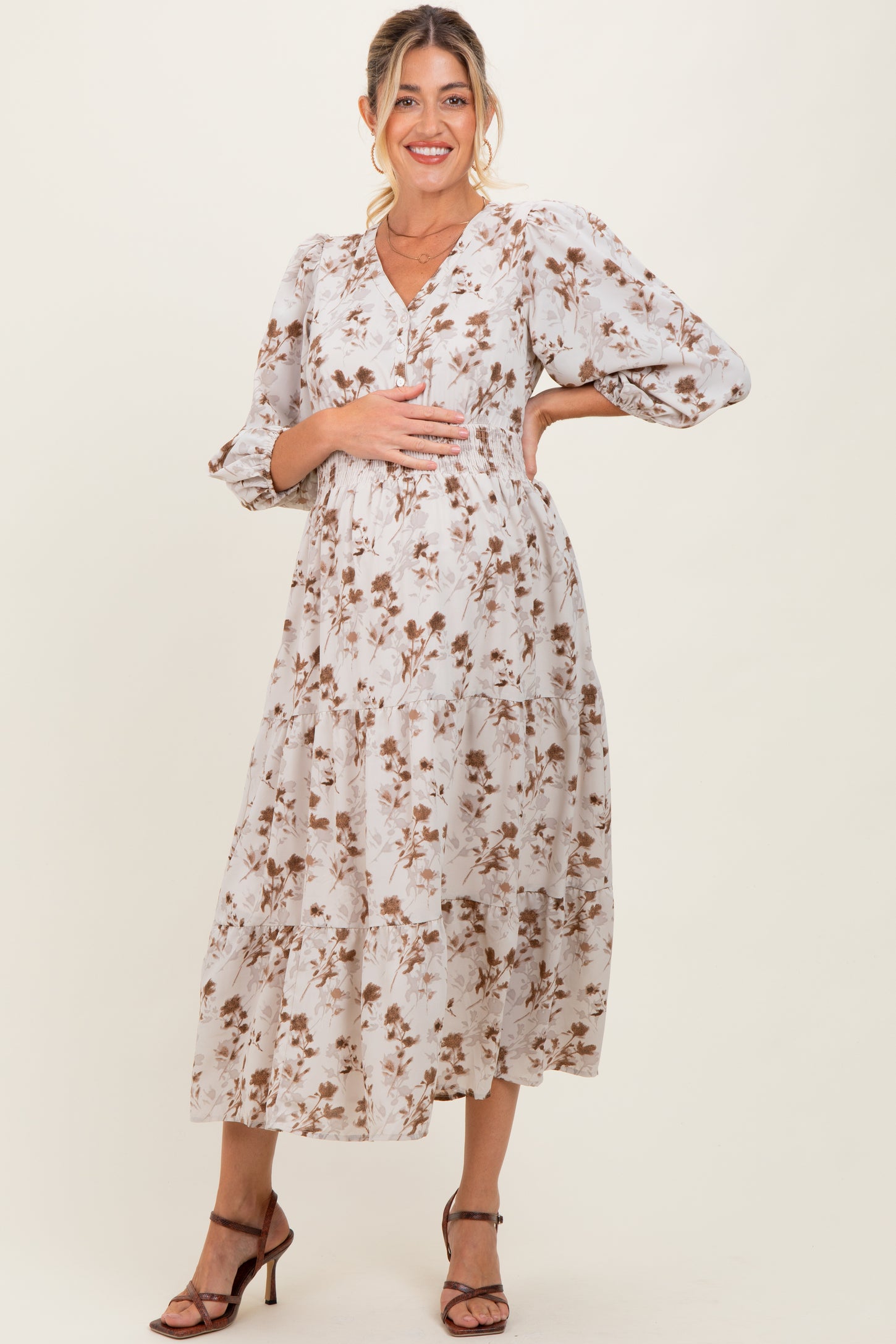 Cream Floral Button Front V-Neck Maternity Midi Dress