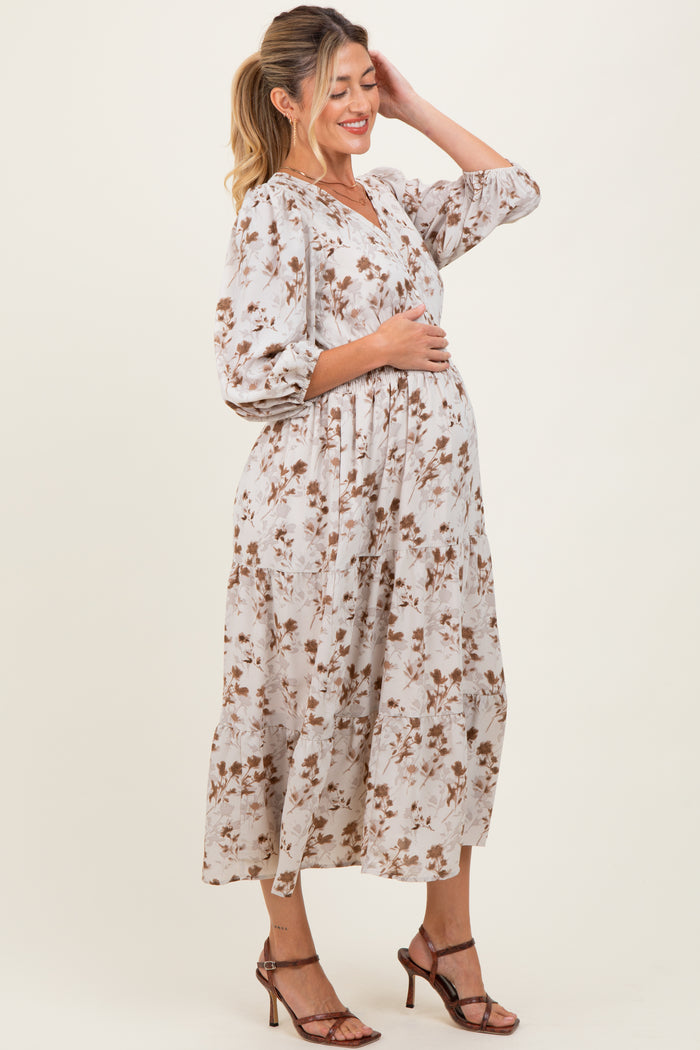 Cream Floral Button Front V-Neck Maternity Midi Dress