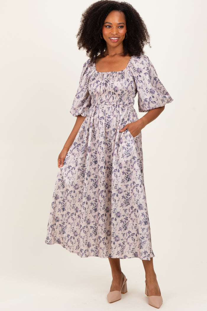Cream Floral Puff Sleeve Smocked Waist Maternity Midi Dress
