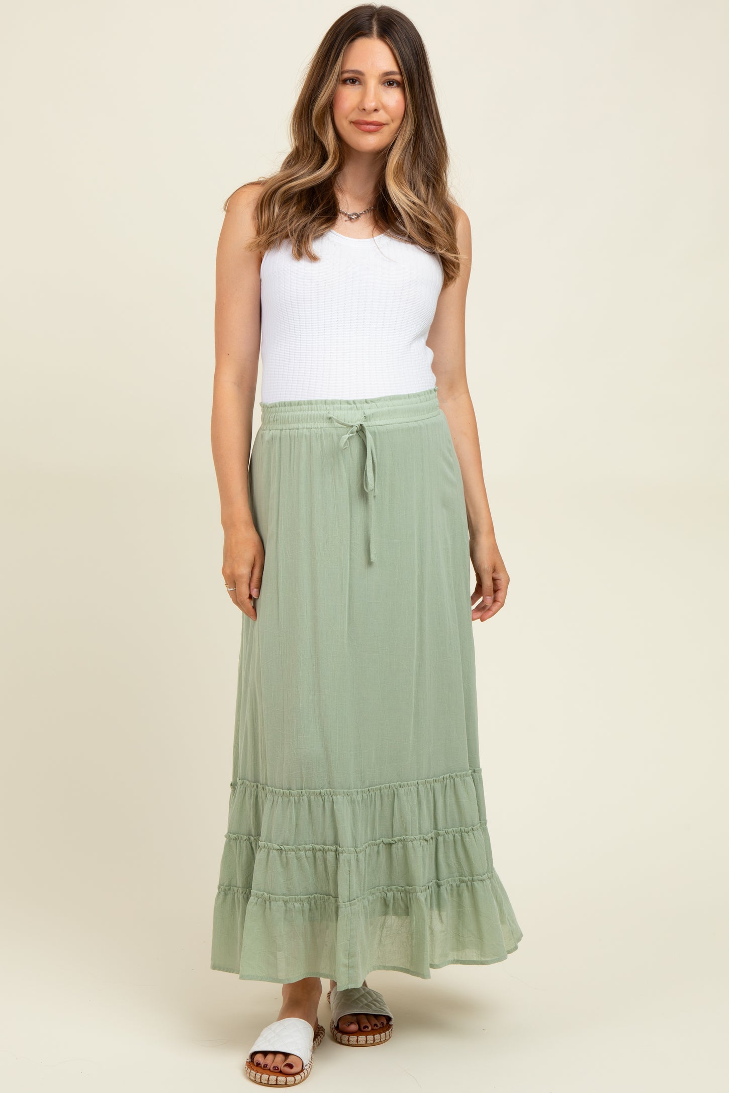 Light Olive Drawstring Layered Ruffle Hem Maternity Maxi Skirt