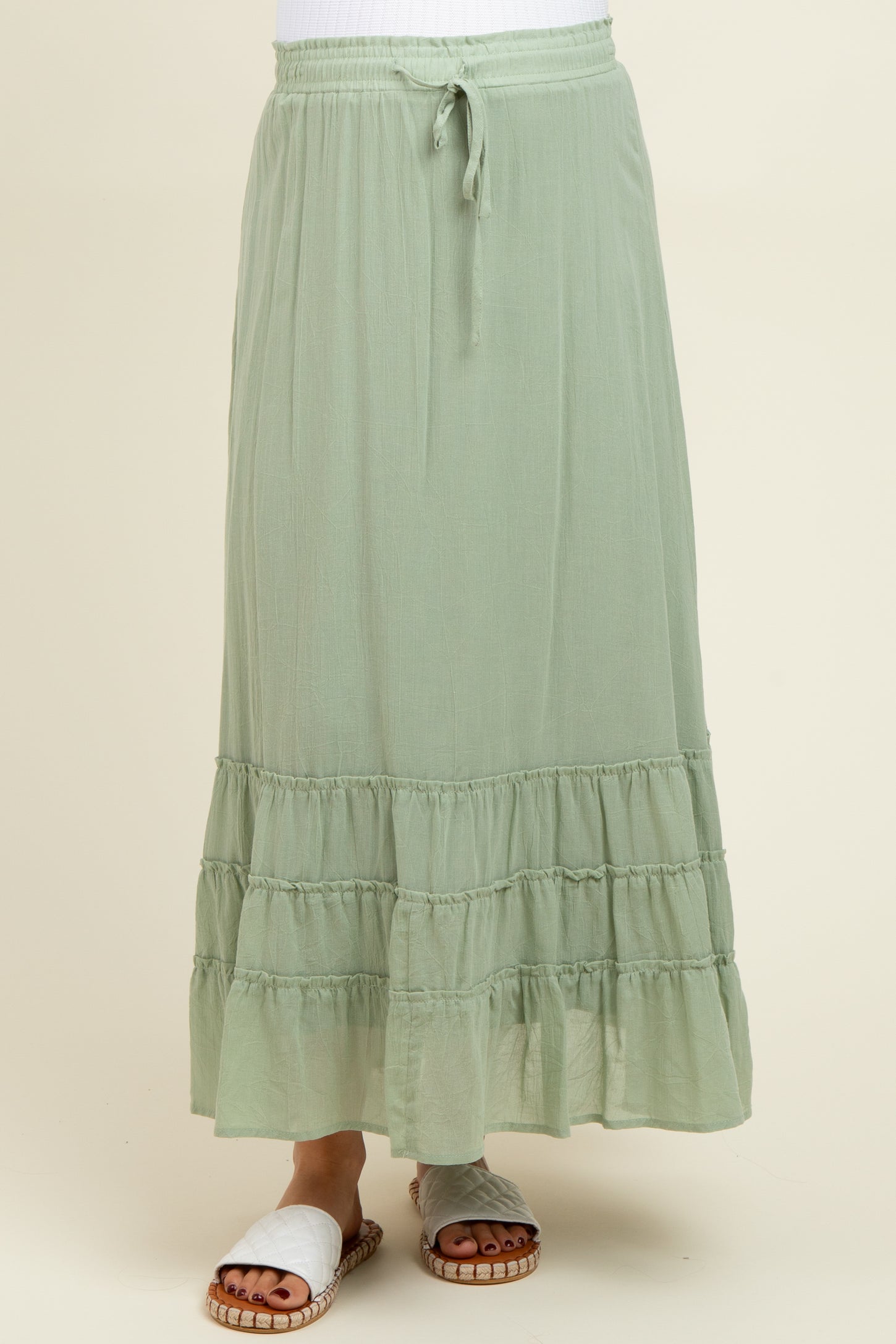 Light Olive Drawstring Layered Ruffle Hem Maternity Maxi Skirt