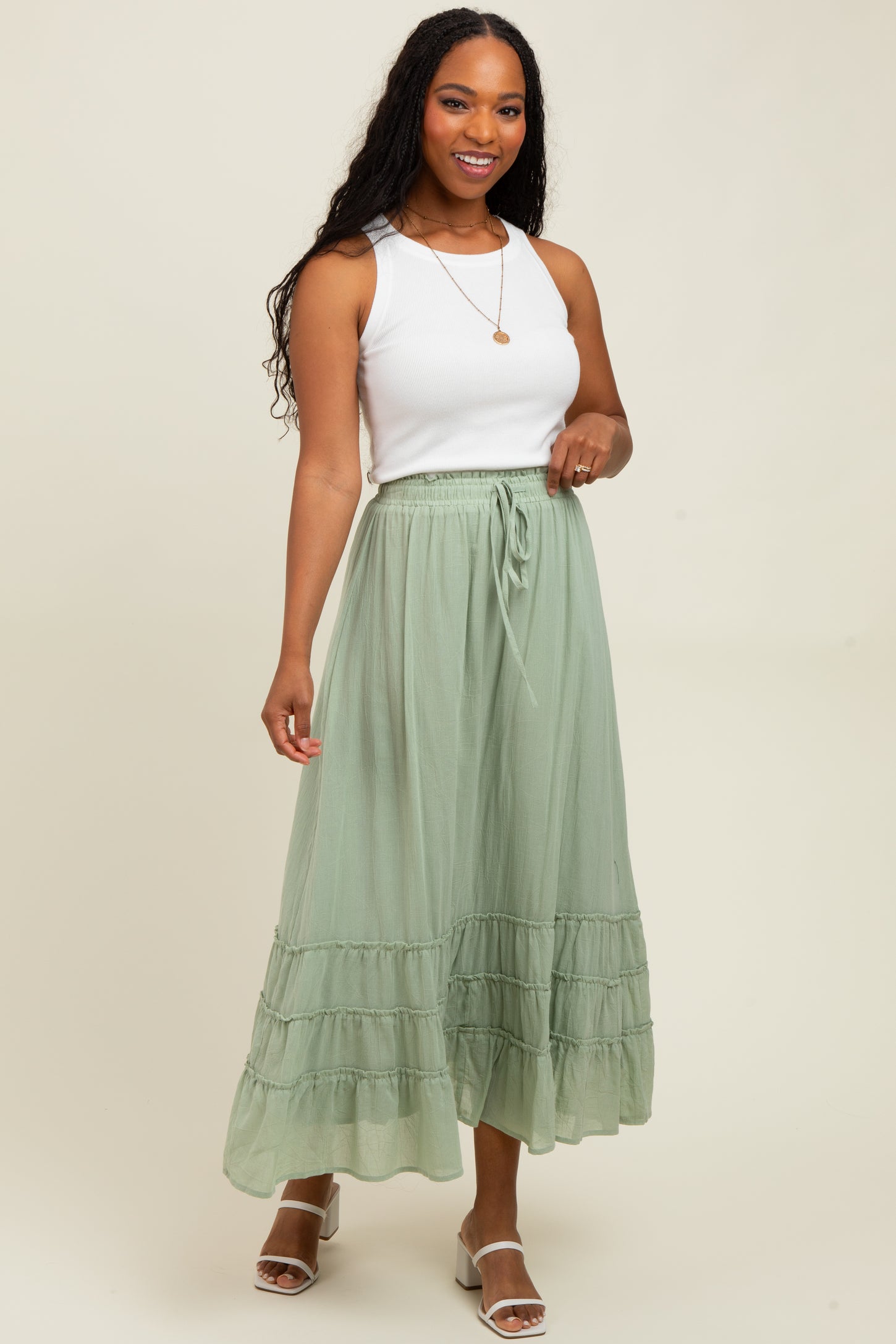 Light Olive Drawstring Layered Ruffle Hem Maternity Maxi Skirt
