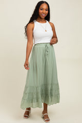 Light Olive Drawstring Layered Ruffle Hem Maternity Maxi Skirt