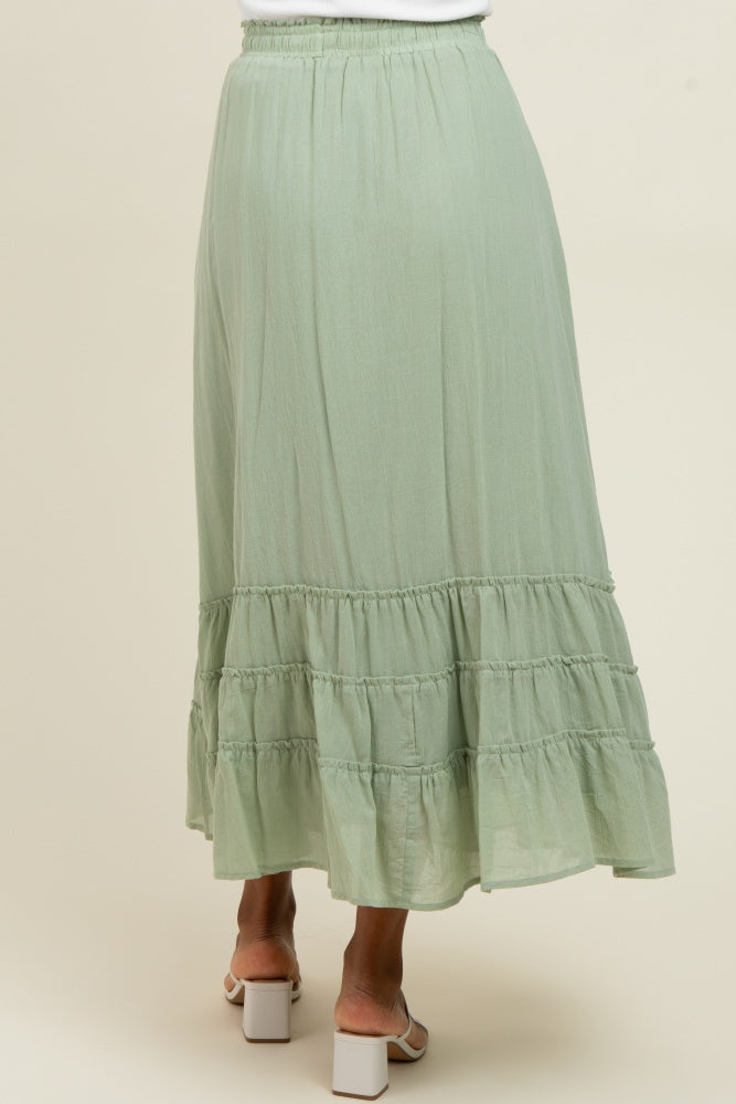 Light Olive Drawstring Layered Ruffle Hem Maxi Skirt