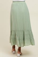 Light Olive Drawstring Layered Ruffle Hem Maxi Skirt