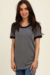 Charcoal/Black Ribbed Short Contrast Sleeve Top