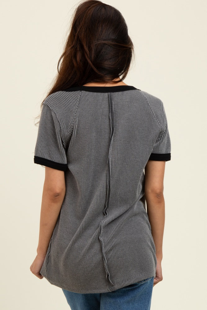 Charcoal/Black Ribbed Short Contrast Sleeve Top