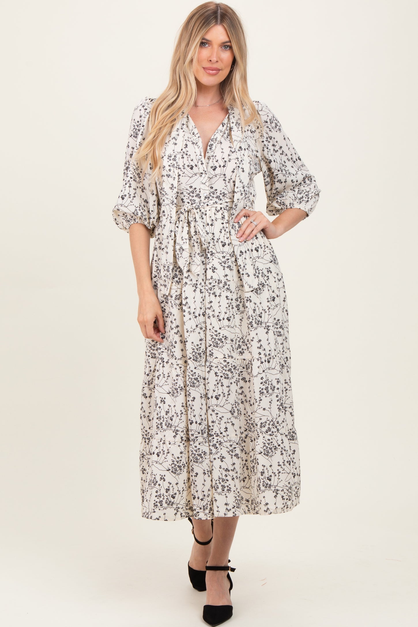 Cream Floral Neck Tie Maternity Midi Dress