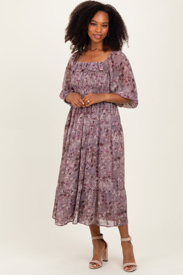 Lavender Floral Square Neck Ruffle Maternity Midi Dress