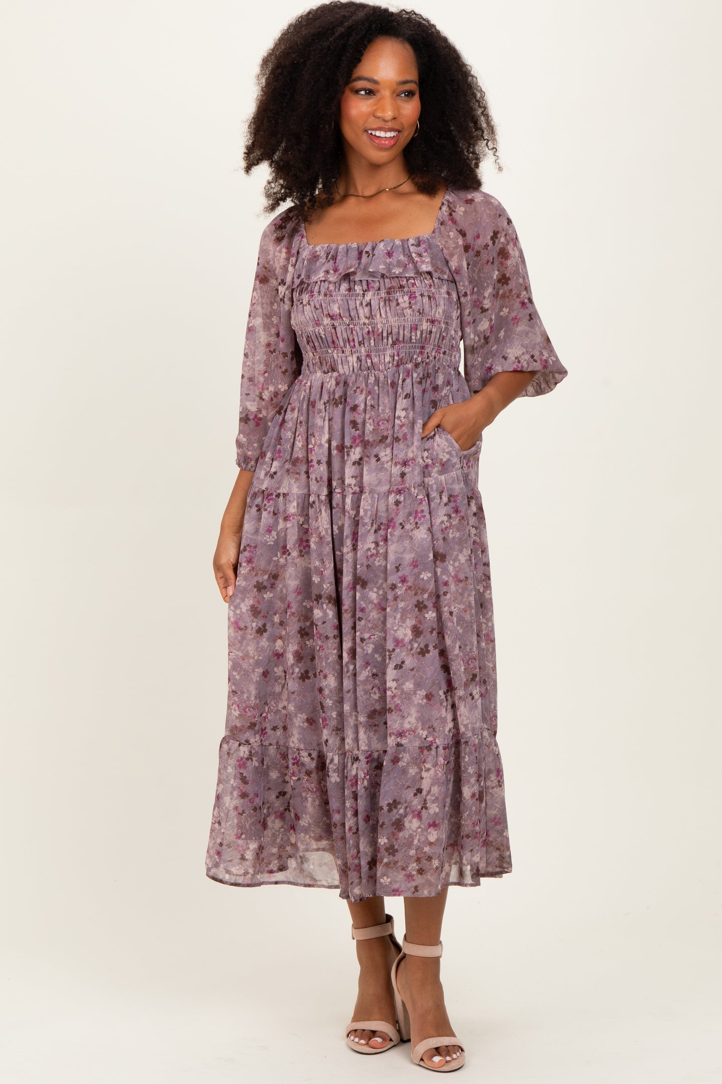 Lavender Floral Square Neck Ruffle Midi Dress