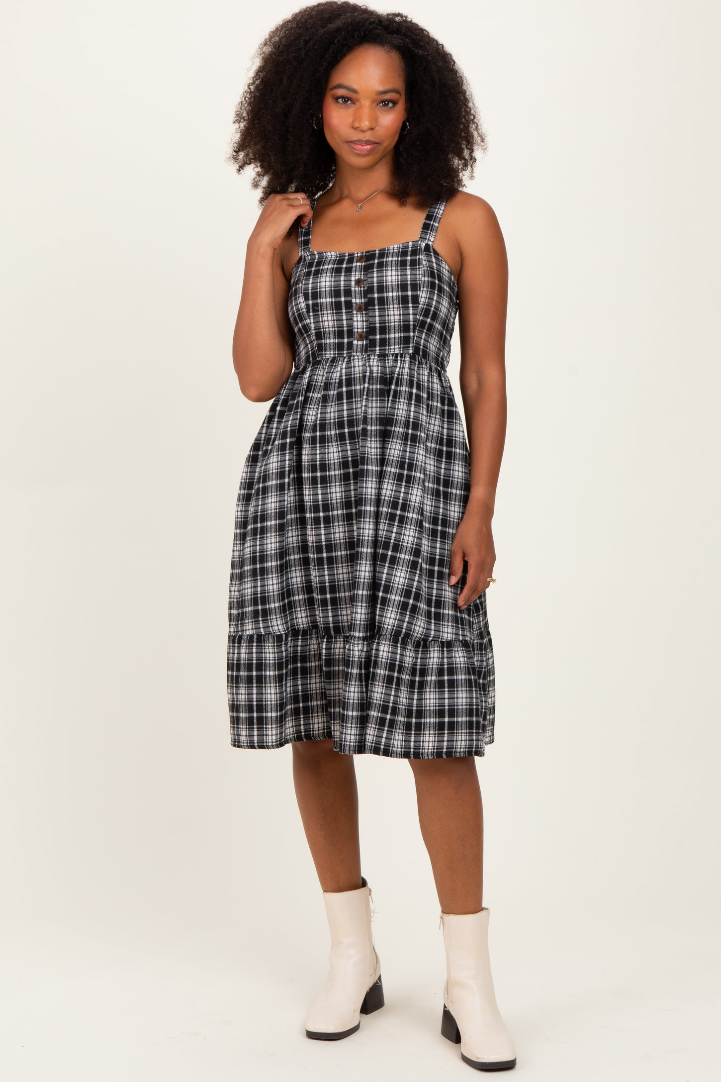 Black Plaid Square Neck Dress