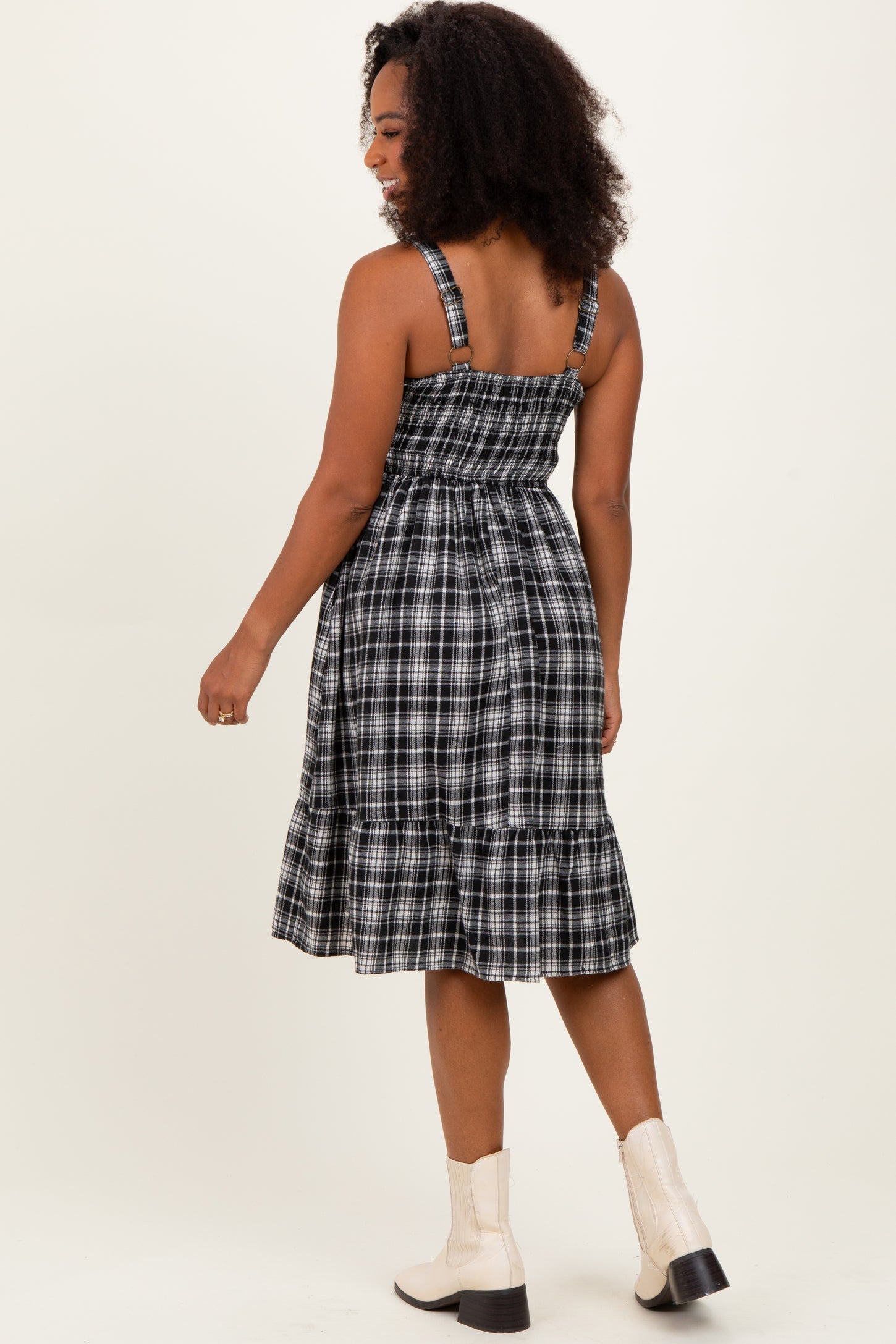 Black Plaid Square Neck Dress