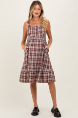 Brown Plaid Square Neck Maternity Dress